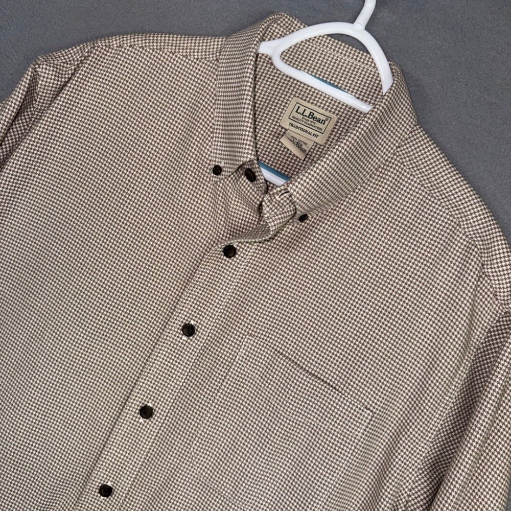 LL Bean Shirt Mens Large Brown Houndstooth Traditional Fit Button Down Preppy